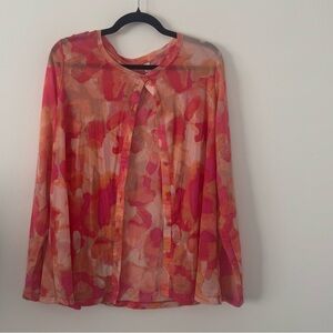 LOGO Lori Goldstein Sheer Mesh Floral Cardigan Top L Pink Orange Watercolor